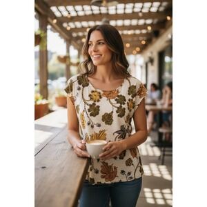 Nicole Miller New York Floral Print Linen Cap Sleeve Top Blouse Womens Small